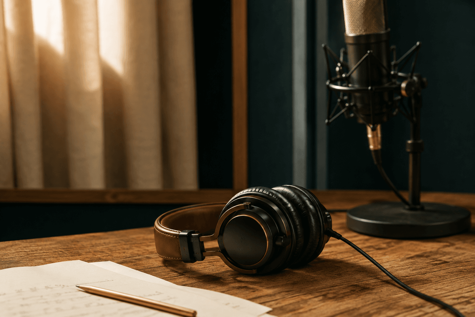 Kopfhörer und Textblätter auf einem Studiotisch